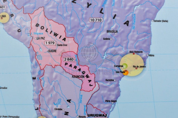 Świat 1:37 000 000. Zróżnicowanie gospodarcze i społeczne. Mapa ścienna wydawnictwa Meridian. Fragment 2