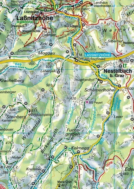 Graz i okolice. Region Hugelland-Schocklland, Gleisdorf, Weiz, Raabklamm. Mapa turystyczna wydawnictwa Freytag & Berndt. Fragment 2