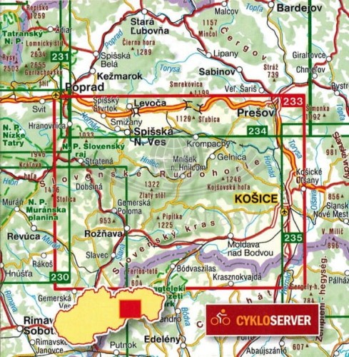 Słowacki Kras i Raj, Rudawy Słowackie - wschód / Slovenske Rudohorie - vychod. Mapa turystyczna 233 wydawnictwa Shocart. Zasięg