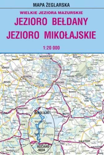 Jezioro Bełdany, Mikołajskie. Laminowana mapa żeglarska. Zasięg