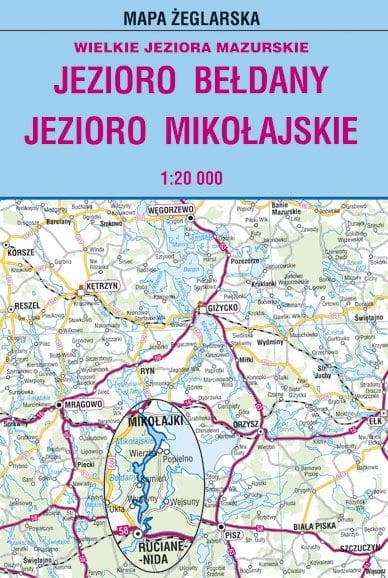 Jezioro Bełdany, Mikołajskie. Laminowana mapa żeglarska. Zasięg