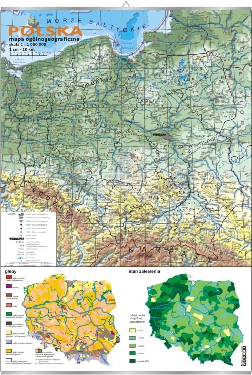 Polska - mapa ogólnogeograficzna + mapki gleb i zalesienia. Plansza edukacyjna