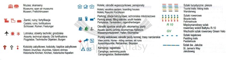 Województwo warmińsko-mazurskie / Warmia i Mazury. Laminowana mapa administracyjno-turystyczna wydawnictwa BiK. Legenda 2