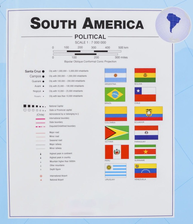 Ameryka Południowa 1:7 000 000. Mapa ścienna polityczna wydawnictwa Maps International. Legenda