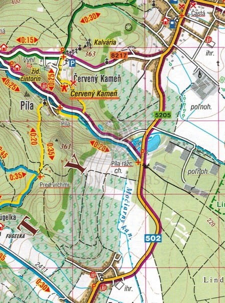 Małe Karpaty, Czerwony Kamień, Jaskinia Driny. Mapa turystyczna 1079 wydawnictwa Shocart. Fragment 2