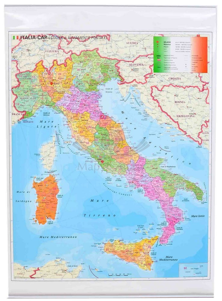 Włochy 1:1 000 000. Mapa ścienna administracyjna. Kody pocztowe