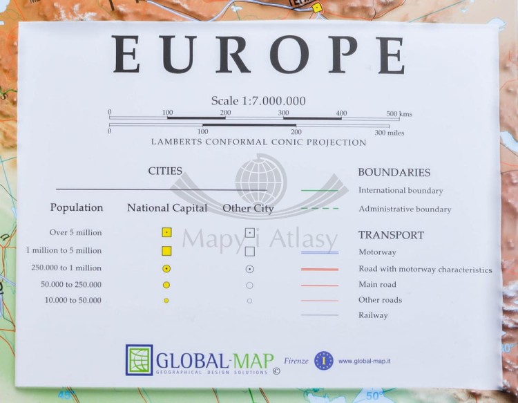 Europa 1:7 000 000. Mapa plastyczna, fizyczna. Producent: Global-Map. Legenda