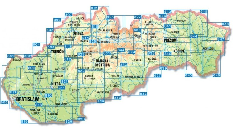 Słowacja 1:40 000. Zestaw 48 map turystycznych wydawnictwa Shocart. Skorowidz map