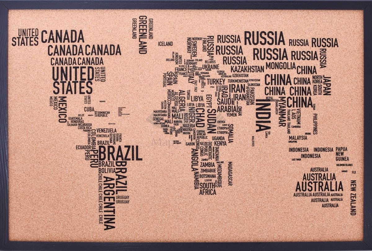Świat. Mapa konturowa na korku w ramie. Litery