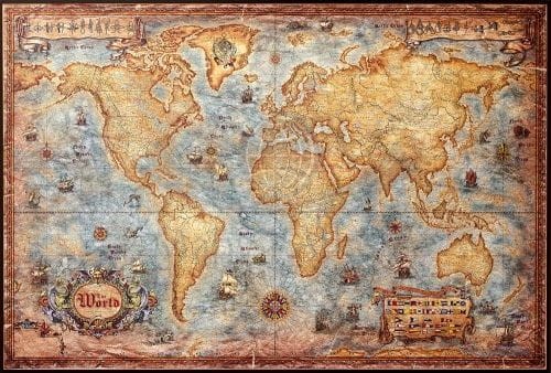 Świat 1:33 000 000. Mapa stylizowana "antyczna" z węzłami. Wersja do wpinania