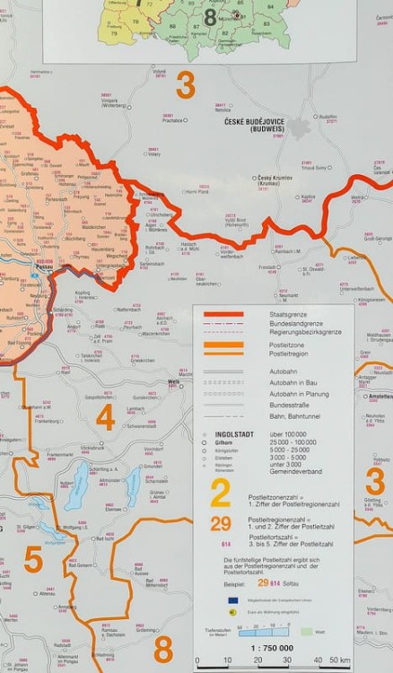 Niemcy 1:750 000. Mapa ścienna administracyjna z kodami pocztowymi. Wydawnictwo: Stiefel. Fragment 8
