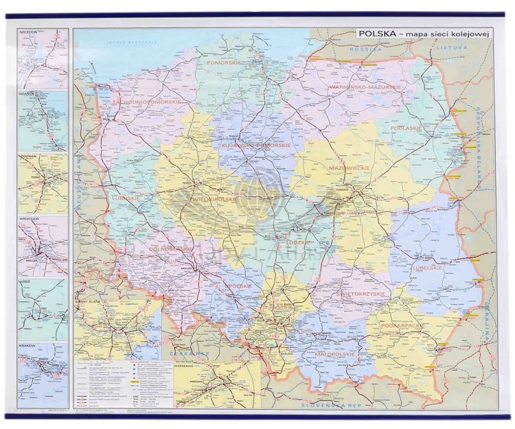 Polska i Europa. Mapa ścienna kolejowa, dwustronna. 107 x 70 cm. Strona 1