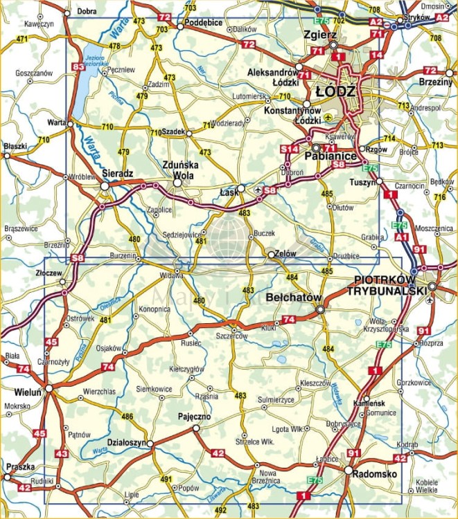 Ziemia Sieradzka 1:75 000. Poddębice, Zgierz, Zduńska Wola, Pabianice, Bełchatów, Radomsko, Wieluń, Łódź, Warta. Mapa turystyczna wydawnictwa Compass. Zasięg