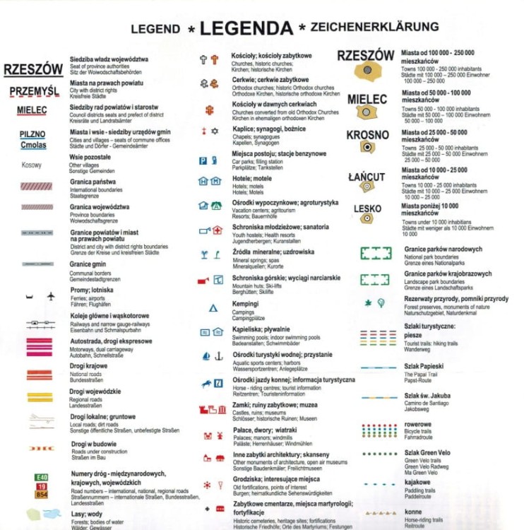 Województwo podkarpackie 1:250 000. Laminowana mapa administracyjno-turystyczna wydawnictwa BiK.  Legenda