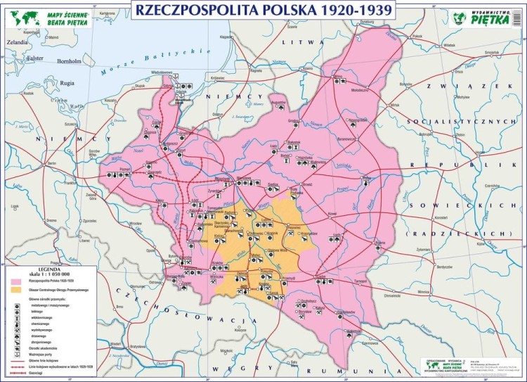 Rzeczpospolita Polska w latach 1920-1939. Szkolna mapa ścienna