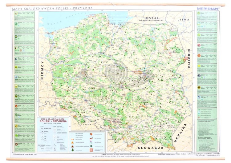 Polska. Dwustronna mapa ścienna krajoznawcza. Wydawnictwo: Meridian. Przyroda