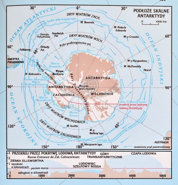 Antarktyda 1:4 500 000. Mapa ścienna fizyczna. Drewniane półwałki. Fragment 8