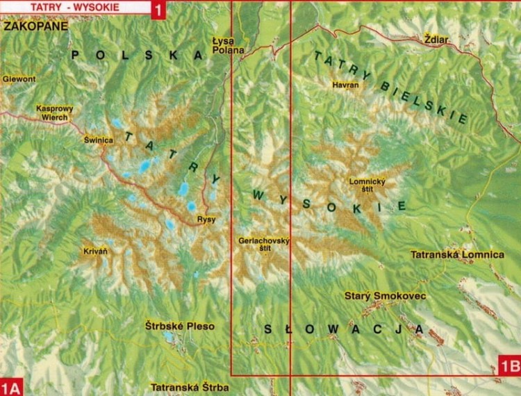 Polskie i Słowackie Tatry Wysokie i Zachodnie. Zestaw dwóch laminowanych map turystycznych wydawnictwa WiT. Mapa 1 - zasięg