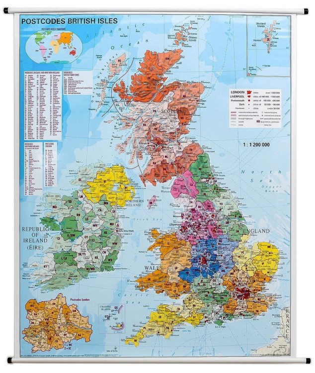 Wyspy Brytyjskie / Wielka Brytania 1:1 200 000. Mapa ścienna z kodami pocztowymi