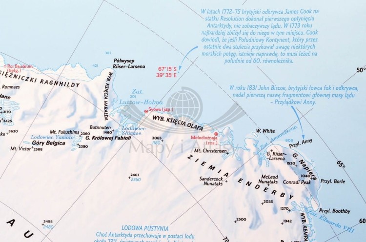 Antarktyda 1:4 500 000. Mapa ścienna fizyczna. Drewniane półwałki. Fragment 3
