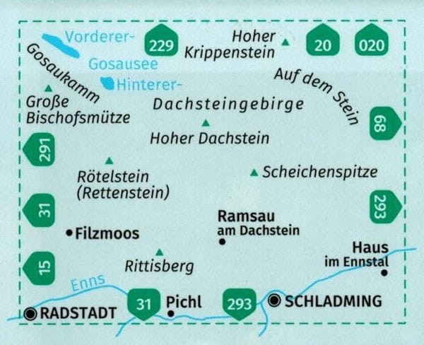 Der Dachstein, Filzmoos,Ramsau. Wodooporna mapa turystyczna 031 wydawnictwa Kompass. Zasięg