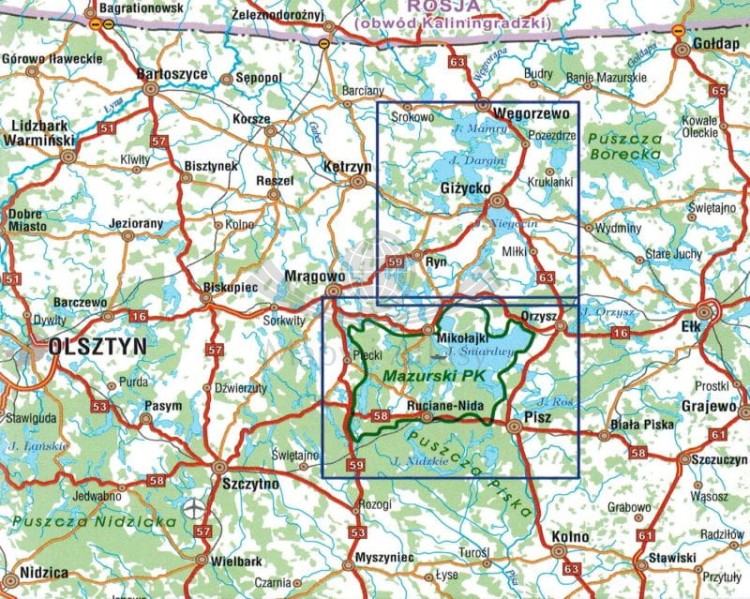 Wielkie Jeziora Mazurskie / Mazury. Laminowana mapa turystyczna wydawnictwa Galileos. Zasięg