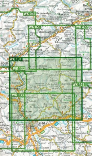 Grazer Bergland, Schockl, Almenland-Teichalm, Stubenbergsee. Mapa turystyczna WK 131 wydawnictwa Freytag & Berndt. Zasięg