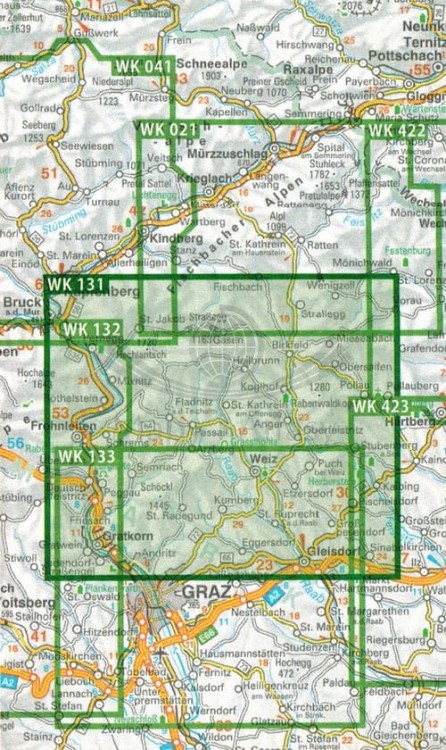Grazer Bergland, Schockl, Almenland-Teichalm, Stubenbergsee. Mapa turystyczna WK 131 wydawnictwa Freytag & Berndt. Zasięg