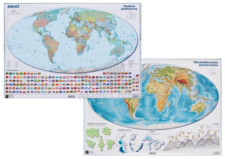Świat. Mapa polityczna i fizyczna. Podkładka na biurko. Dwie strony