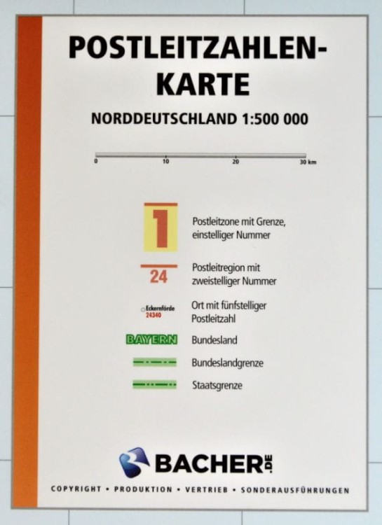 Niemcy 1:500 000. Mapa ścienna. Kody pocztowe. Postleit-Karte. Legenda