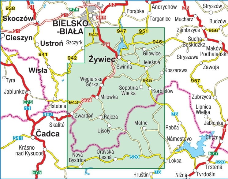Powiat żywiecki 1:60 000. Korbielów, Milówka, Rajcza, Ujsoły, Węgierska Górka, Zwardoń, Żywiec. Beskid Mały i Żywiecki. Mapa turystyczna / Plan miasta wydawnictwa Compass. Zasięg