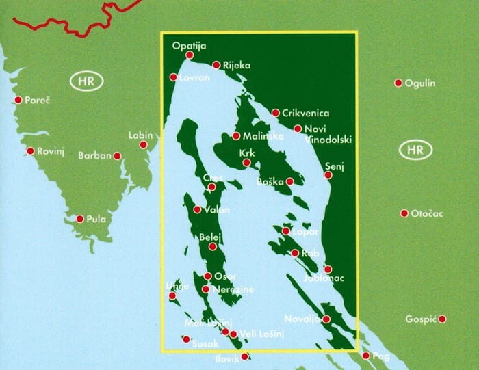 Cres, Losinj, Krk, Rab. Mapa samochodowo-turystyczna wydawnictwa Freytag & Berndt. Zasięg